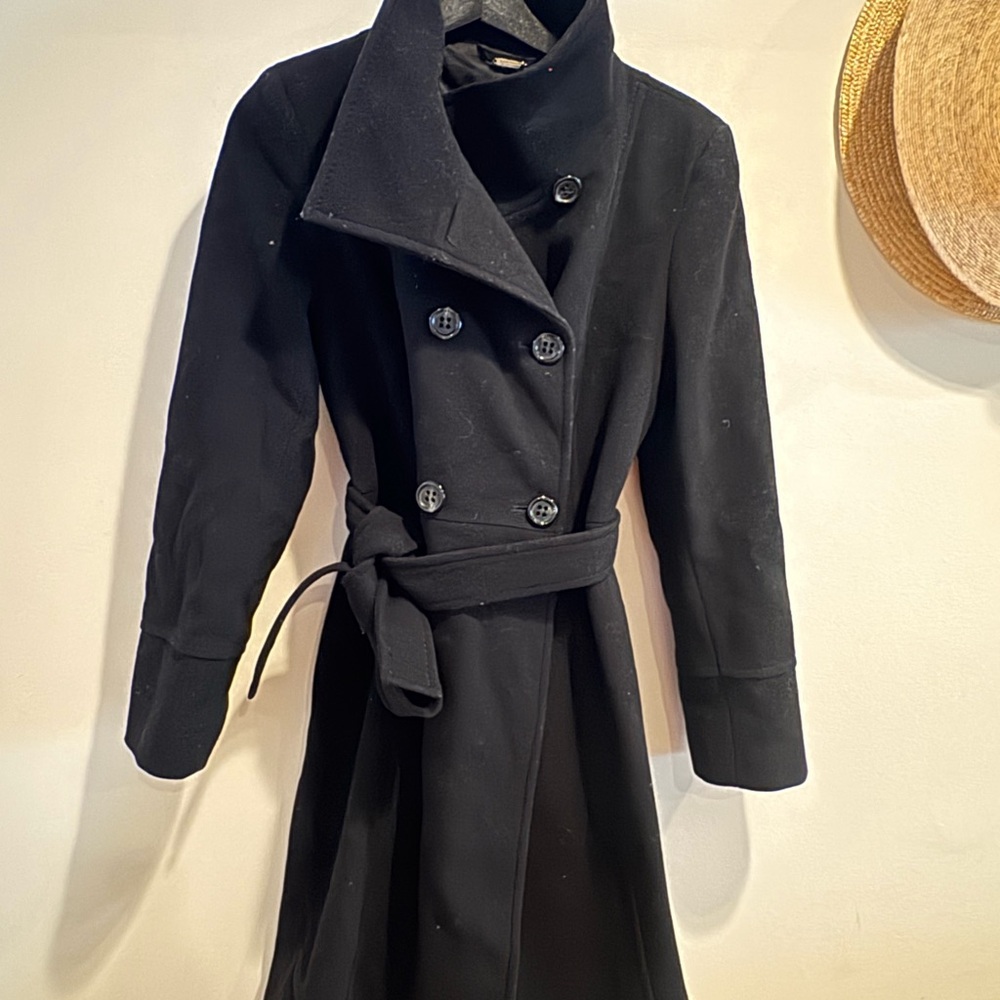 Stylish Black Double-Breasted mid length pea coat, Wool/Cashmere blend, 6